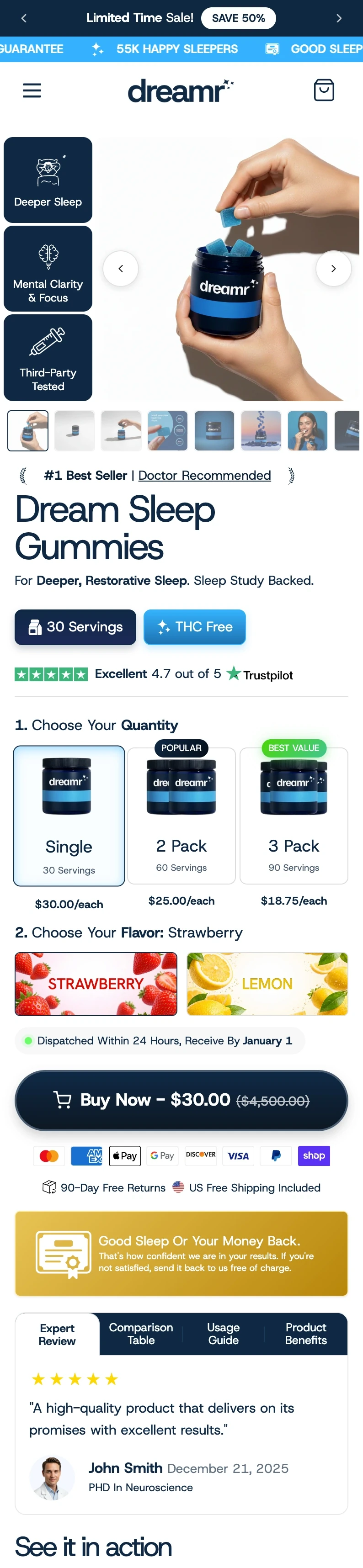 Dreamr product page reference demo from the supplied showcase